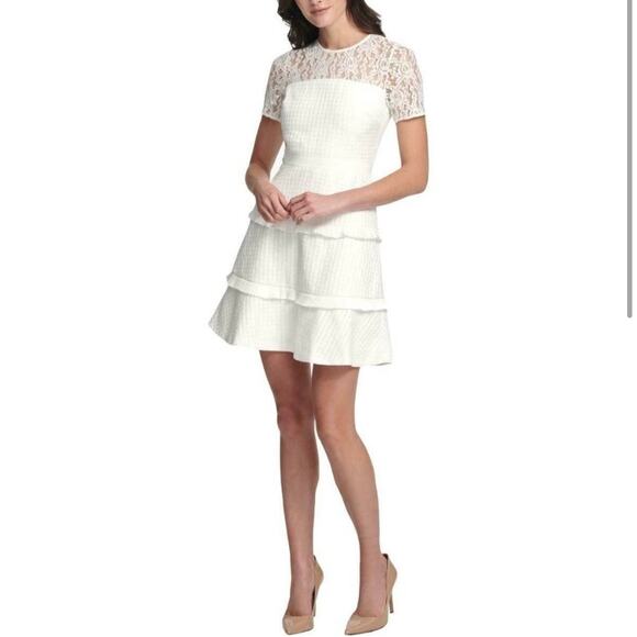Kensie White Dress Size 14 Lace Top Tiered Pleated Ribbon Short Sleeves - Picture 3 of 14